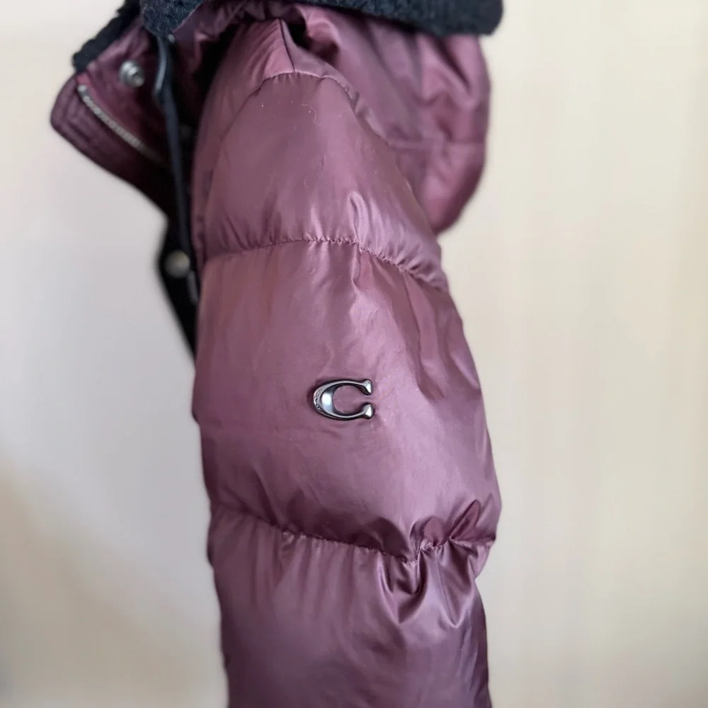 Coach Plum Down Puffer Coat Long Hooded Faux Fur Trim Small Winter - Picture 10 of 16